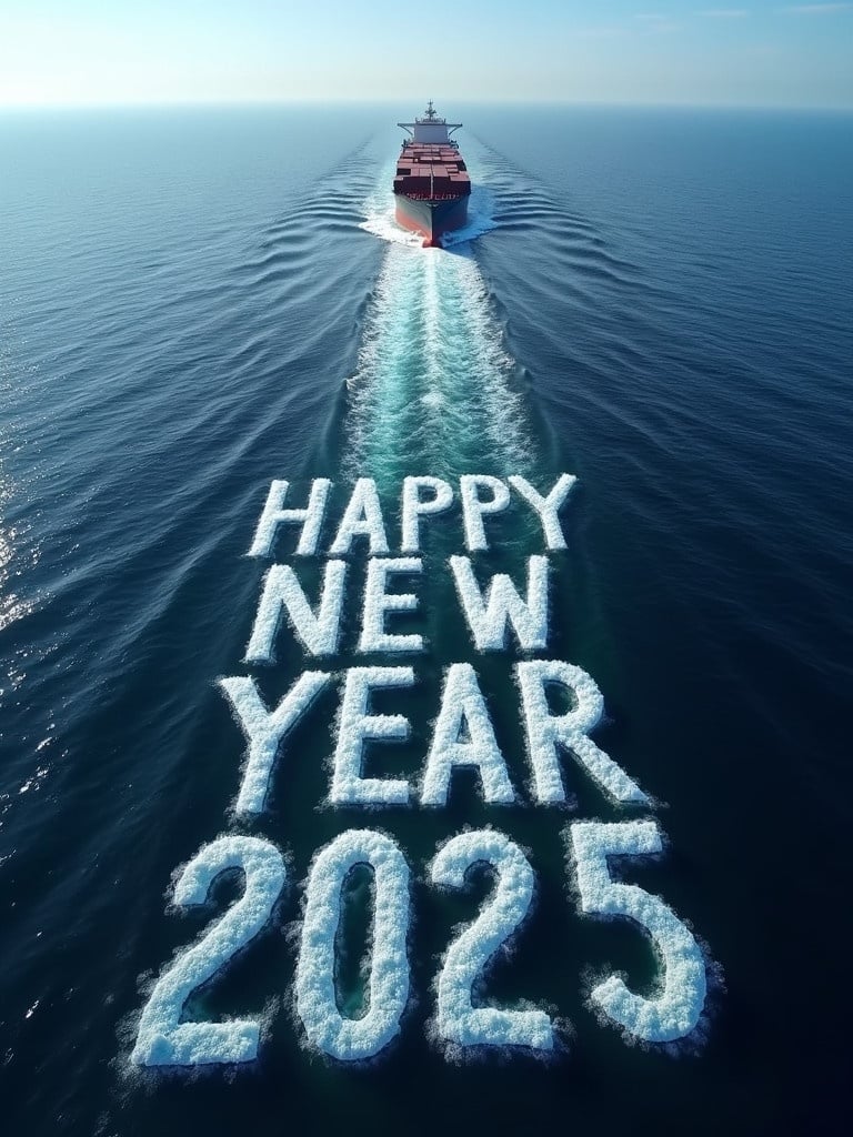 A large container ship sails on a deep blue sea under a clear sky. The camera angle is aerial, highlighting the ship's size and ocean's vastness. The ship's wake forms crisp letters in white foam. The message 'HAPPY NEW YEAR 2025' is created. The phrase fades into the sea as the ship moves toward the horizon.