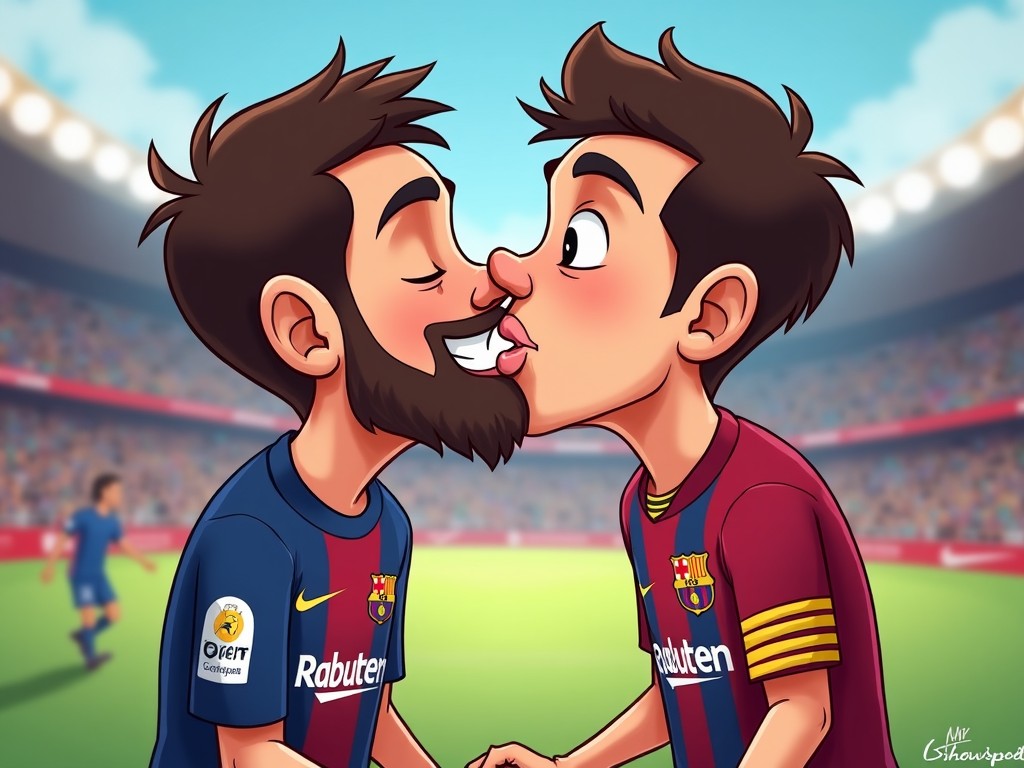 The image depicts two cartoon characters resembling football players in playful attire. They are standing close together and sharing a kiss in a stadium setting. One character is wearing a blue jersey, while the other wears a red and blue striped jersey. The background showcases an enthusiastic stadium crowd. The overall tone is lighthearted and humorous, appealing to sports fans and gamers alike. This illustration reflects camaraderie and playful rivalry among football fans.