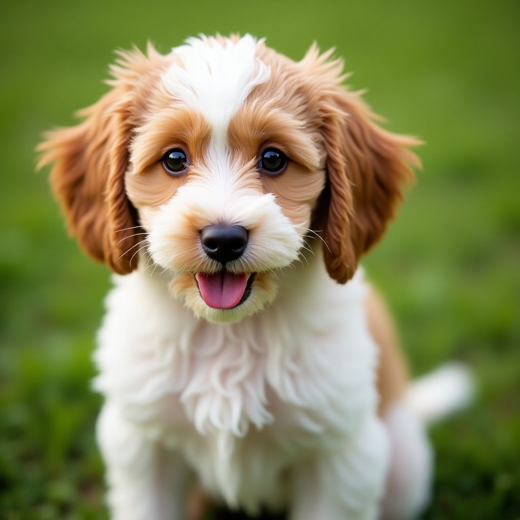 Cute brown and white Cockerpoo puppy with a brown patch on the left eye. The puppy has fluffy fur and is sitting in a green grassy area with a joyful expression.