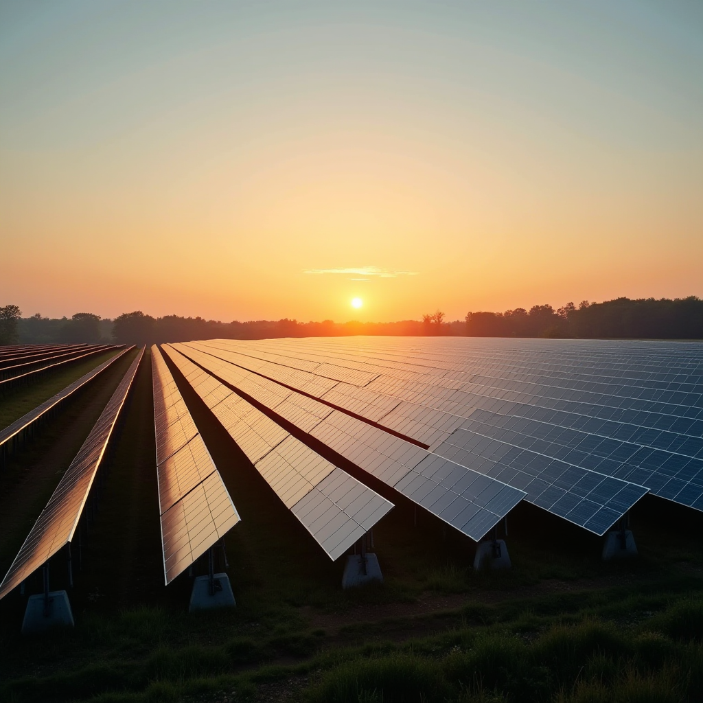 A row of solar panels reflecting the warm hues of a sunset.