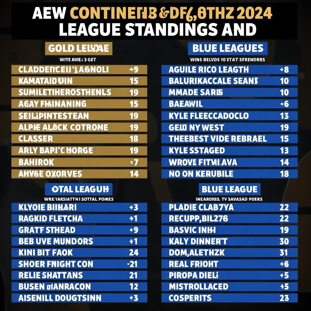 AEW Continental Classic 2024 league standings table showing competitors from Gold and Blue Leagues with wins losses and draws statistics