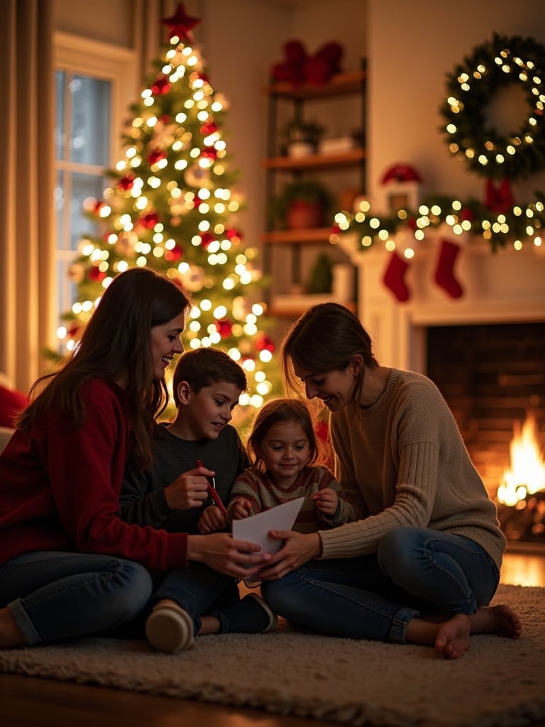 Merry Christmas family photo in cozy living room. Family sits together in front of a Christmas tree and fireplace. Warm atmosphere with holiday decorations.