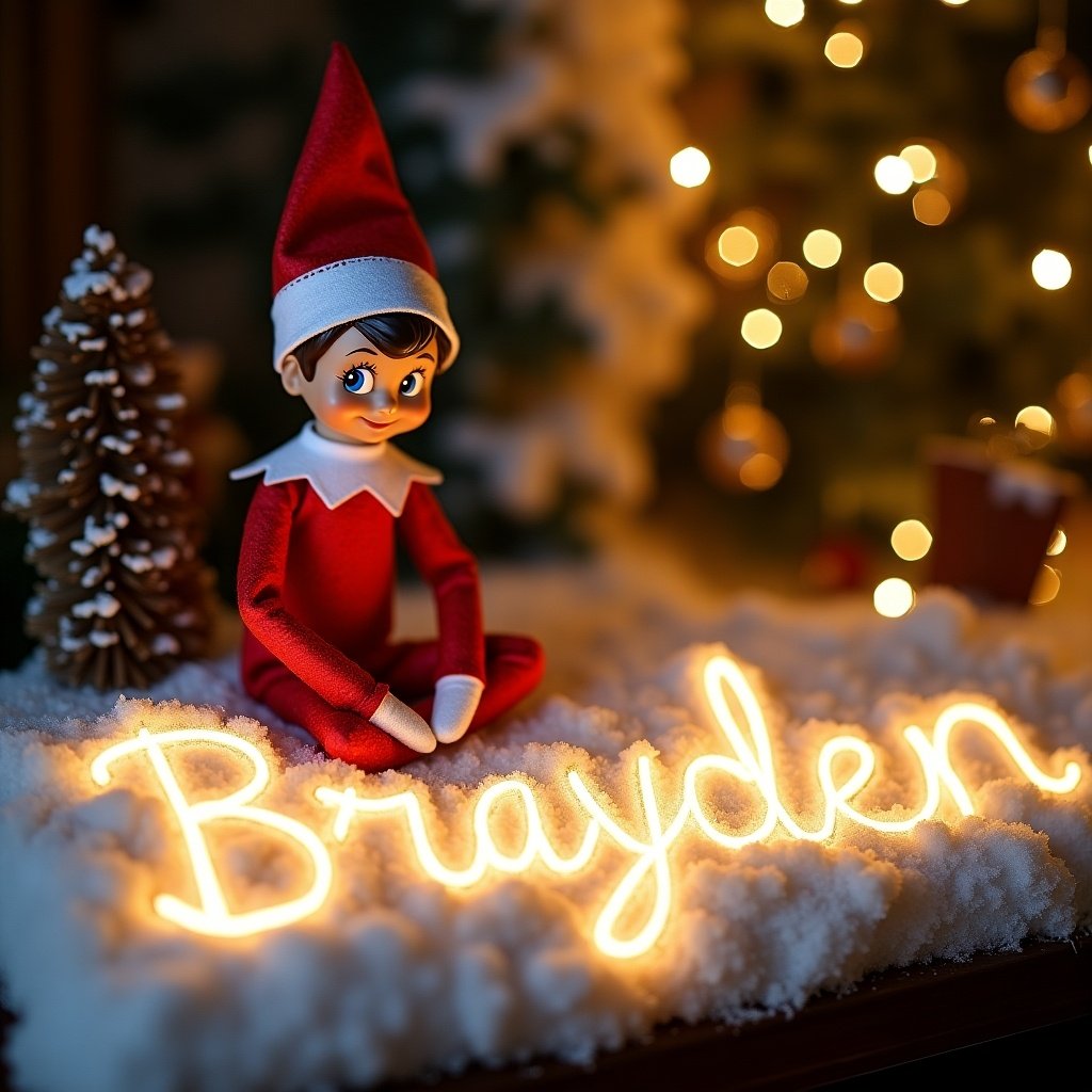 Elf character in red outfit sits in snow next to glowing cursive name Brayden. Soft Christmas lights twinkle in background.