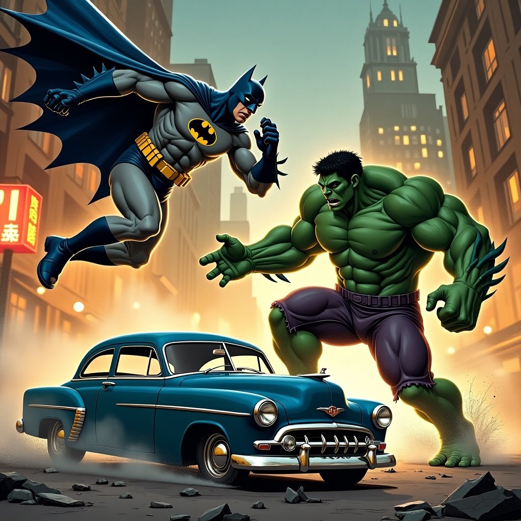 Retro comic book cover depicting a fight between Batman and Hulk. Batman in vintage grey and blue costume leaping from a Gotham skyscraper. Hulk, muscular and green, smashing a classic car amidst debris. Urban skyline with smoky backdrop, neon signs, Art Deco architecture. Lighting creates dramatic shadows and bright neon reflections. Captures 1950s comic style with bold lines and vivid colors. HD rendering with action-rich composition.