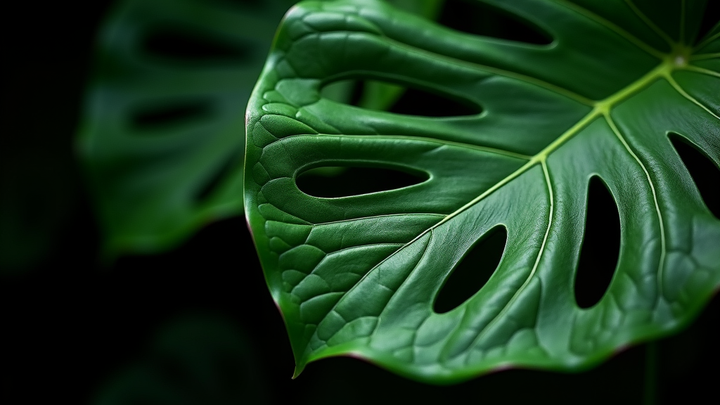 Close-up of a glossy monstera leaf showcasing its intricate curves, deep green color, and natural holes set against a dark, blurred background.