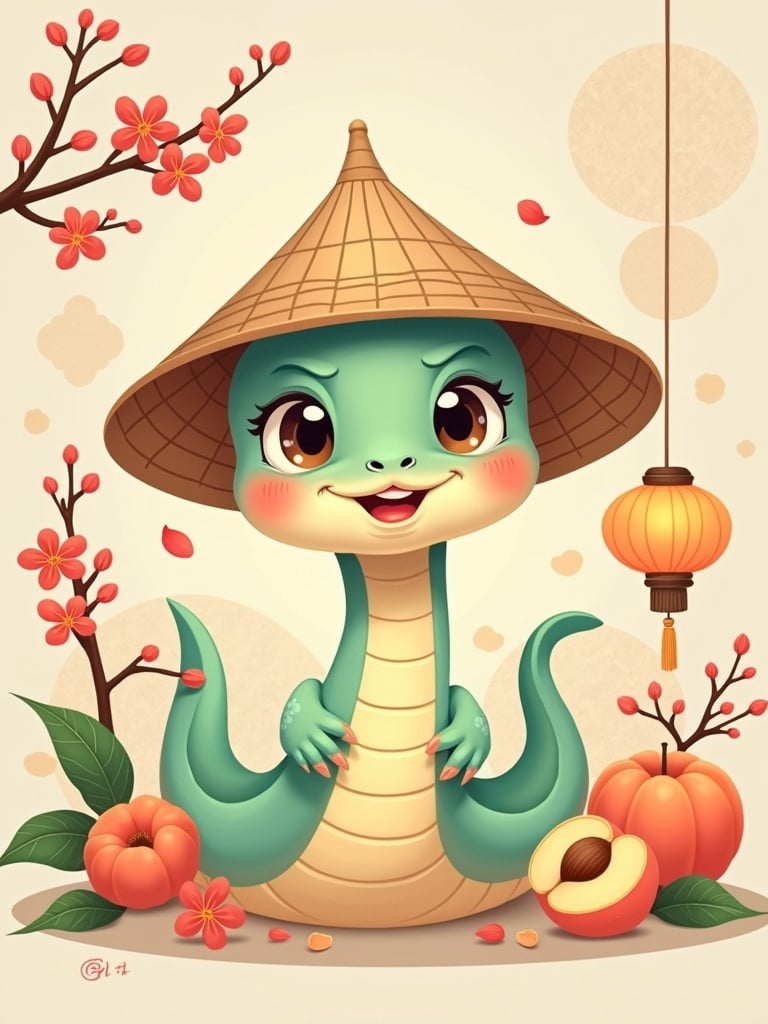 A chibi snake in a 2D cartoon style with big eyes and a smile. Wearing a Vietnamese conical hat. Surrounded by peach blossoms and lanterns. Background reflects Vietnamese countryside with stylized patterns inspired by Đông Hồ art.