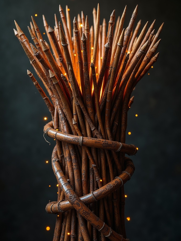 A crown formed by interwoven wands with unique wood textures glowing faintly with magical runes. The structure rises chaotically creating a regal silhouette. Soft light highlights the ancient magic of the wands.