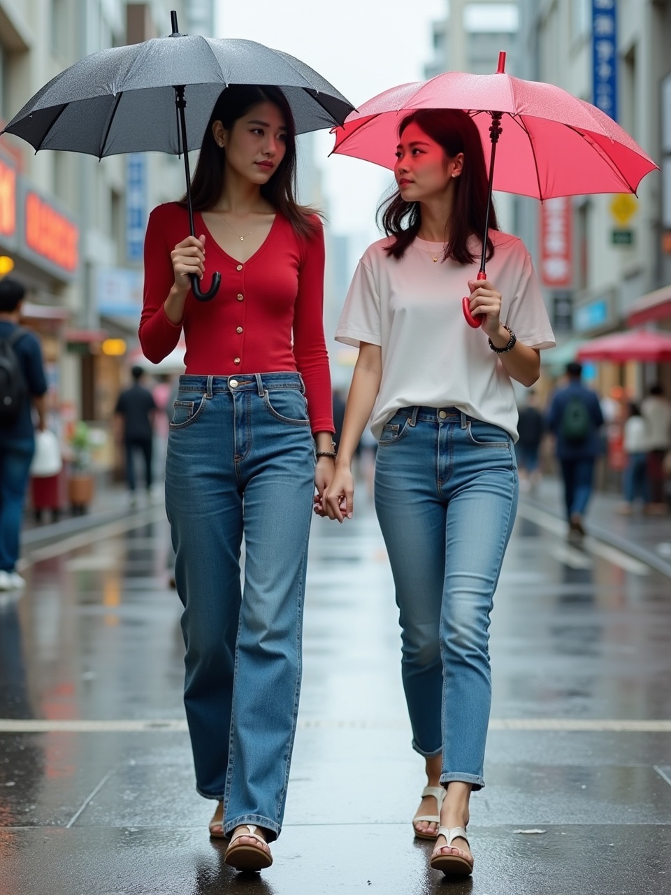 Two women walk hand in hand down a wet city street, each holding an umbrella. One umbrella is black and the other is pink, contrasting with their outfits of red and white tops paired with blue jeans. The setting is urban, with buildings blurred into the background, giving the scene a modern city feel. The image captures a moment of friendship and togetherness amidst a light rain.