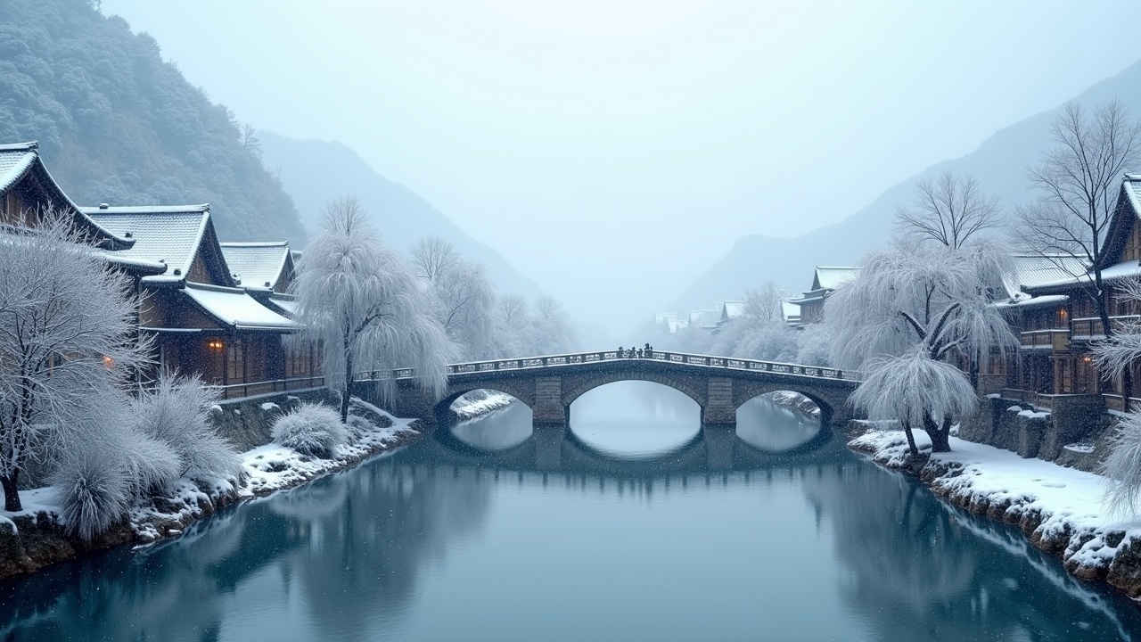 This image captures a serene snowy scene in a Jiangnan water town. A small bridge arches over a flowing river, surrounded by traditional architecture. Snow blankets the trees and rooftops, creating a tranquil winter atmosphere. Distant mountains loom softly in the background under a light snowfall. The entire scene is beautifully lit, enhancing its realistic and cinematic quality.