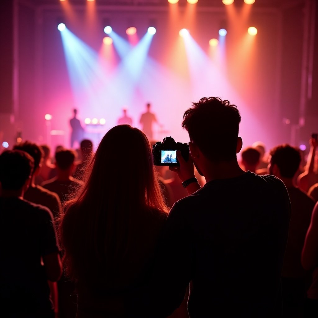 Couple poses at a concert holding a Nikon camera. Flash turned on. Vibrant stage lights illuminate the crowd. Music atmosphere is alive. Eager fans enjoy the show. A moment captured in time.