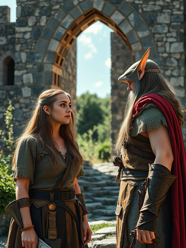 A woman and an elf engage in a mystical dialogue beneath a medieval stone archway.