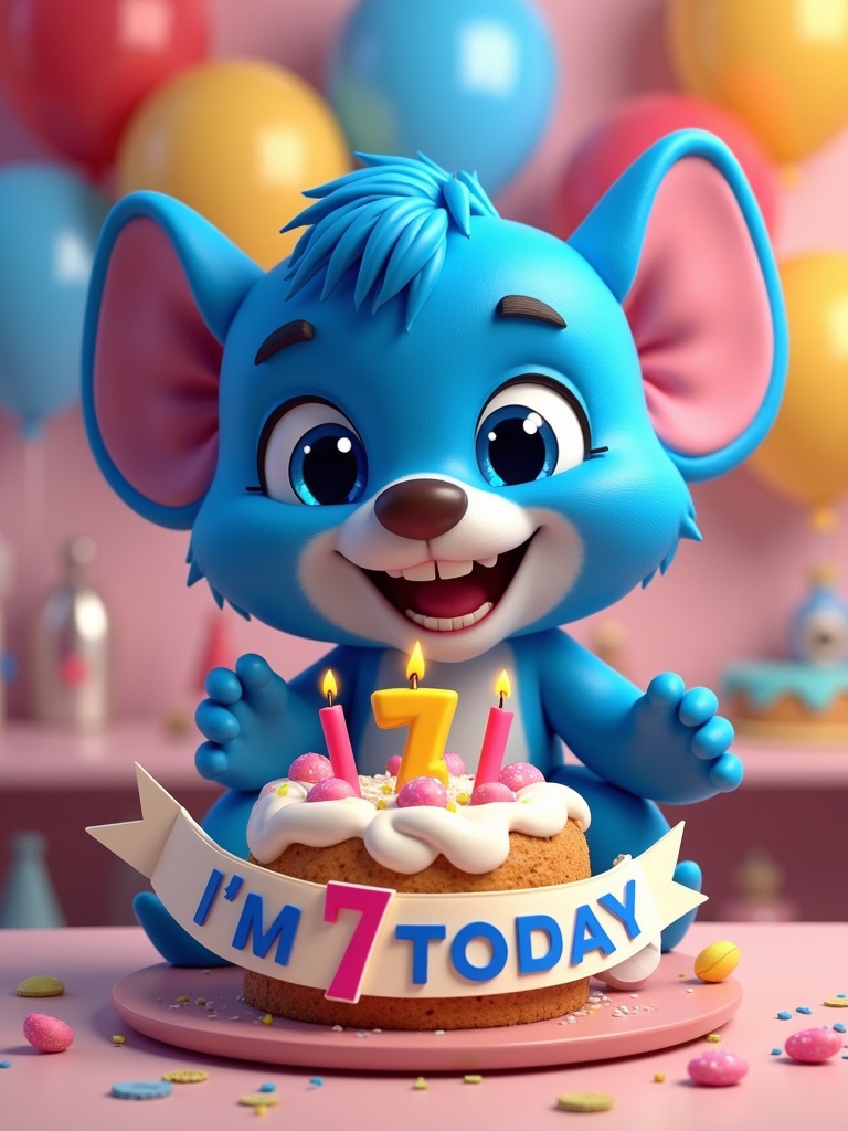 A cartoon character resembling a playful elephant holding a decorated birthday cake with three candles and a banner. The cake showcases a big number seven with colorful sprinkles. Surrounding are colorful balloons in a party setting. Cheerful atmosphere conveys excitement and joy.