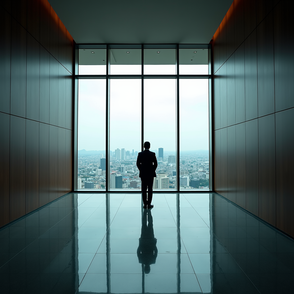 A solitary figure in a suit stands in a spacious room with large windows, gazing at a vast cityscape under a clear sky.