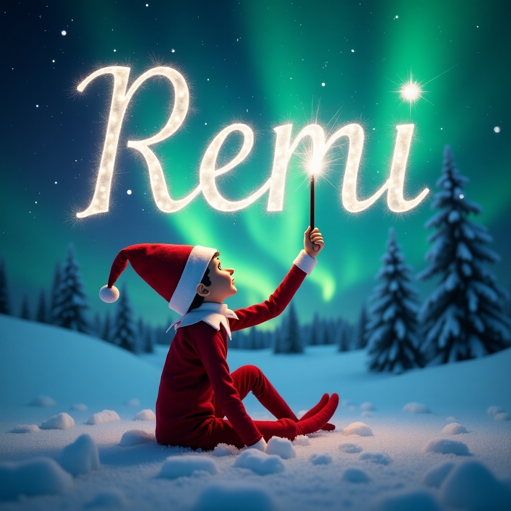 An elf sits on snow looking up. The elf writes 'Remi' in the sky with a magic wand. The background features northern lights.