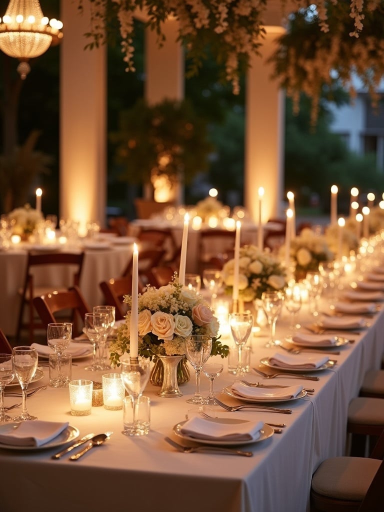 The image shows a wedding reception with beautifully arranged round tables. Each table has a soft white tablecloth. Floral centerpieces add charm. There are glasses and cutlery for a formal dining experience. The setup highlights a rectangular dining table. Warm candlelight from tall candles creates a soft glow.