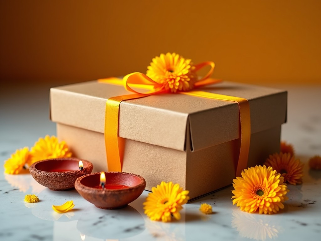 This image features a beautifully wrapped gift box with an orange ribbon. Surrounding the box are bright yellow flowers, creating a festive look. There are two traditional clay lamps with flickering candles beside the box. The background exudes a warm vibe, perfect for celebrations. This setup captures the essence of gifting during festive occasions like Diwali.