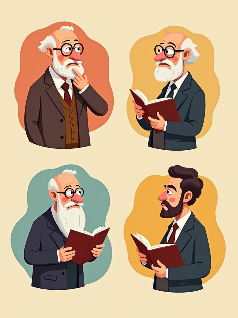 Set of three cartoon portraits featuring famous psychologists. Characters engaged in their work. They hold books and appear thoughtful. Cartoon style with warm colors.