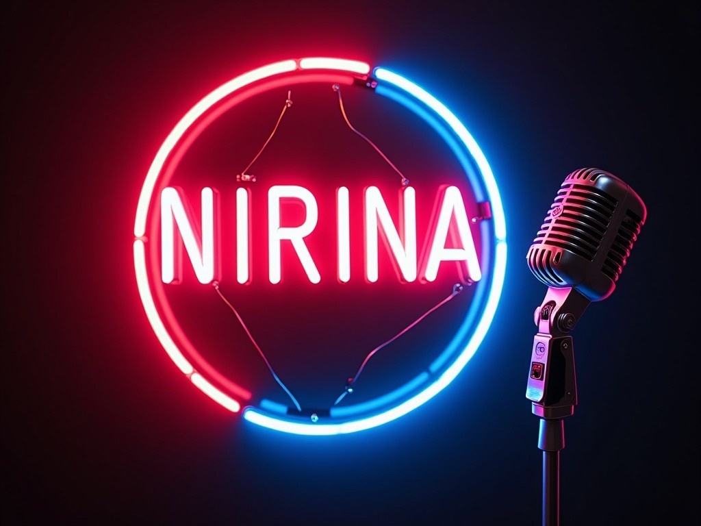 The image features a circular neon sign that reads 'NIRINA' in bright red letters, set against a dark background. Below the sign, there is a vintage-style microphone that adds a touch of classic charm. The neon lights emit a vibrant glow, highlighting the text and the microphone. This composition creates a lively atmosphere characteristic of music events or shows. The use of neon colors suggests a modern yet retro feel, appealing to music lovers and performers alike.