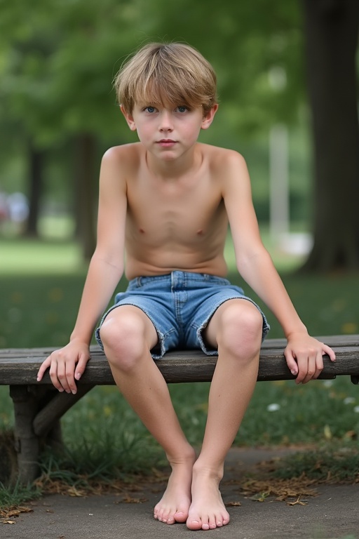 A teen boy sits barefoot on a park bench. The model is posed to highlight bare feet. The scene is in a park environment with greenery.