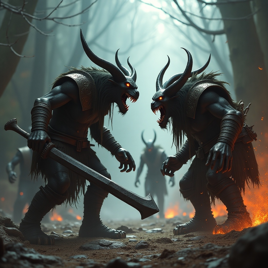 In a dark and eerie forest, two massive warriors are locked in an intense confrontation. One warrior, a fearsome Skaven, is a rat-like humanoid with glowing eyes and fierce teeth. The other, an Ork, is a hulking brute clutching a massive sword. Both fighters radiate power and ferocity, set against a backdrop of smoky, fiery embers and twisted trees. The atmosphere is thick with tension, depicting an epic battle of grim dark fantasy.