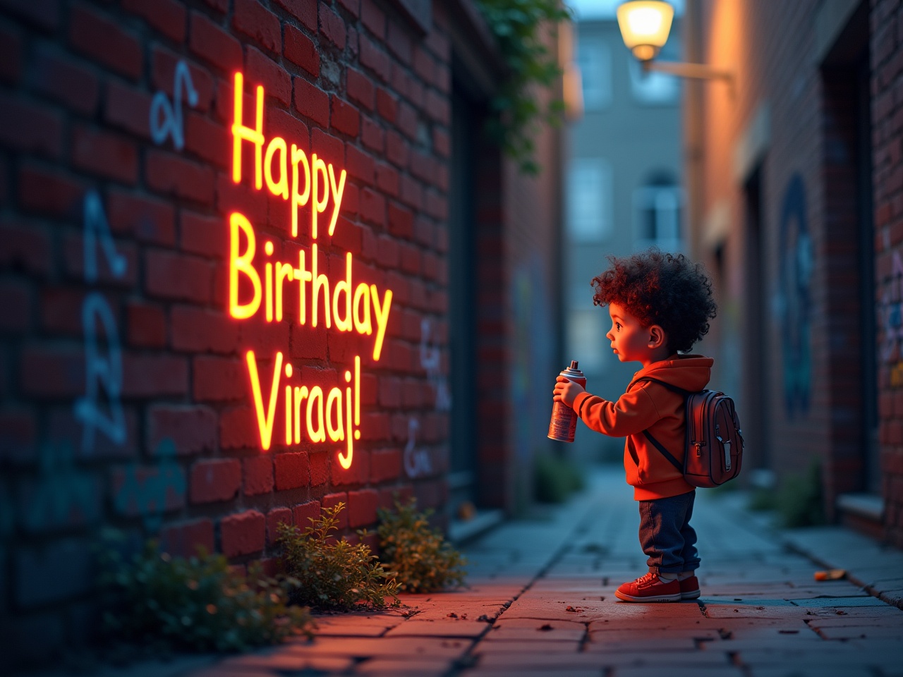 A cute child spray painting 'Happy Birthday Viraaj!' on a brick wall in a stylized urban alleyway at night. The scene features soft street lighting creating a warm atmosphere. There are some graffiti elements in the background that add to the urban setting. The child, with curly hair, wears a bright orange hoodie and has a small backpack. The focus is on the child's interaction with the wall, emphasizing creativity and joy during a birthday celebration.