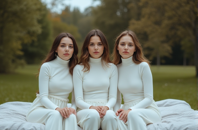 Three women in matching white outfits sit closely together on a blanket in a serene, green outdoor setting.