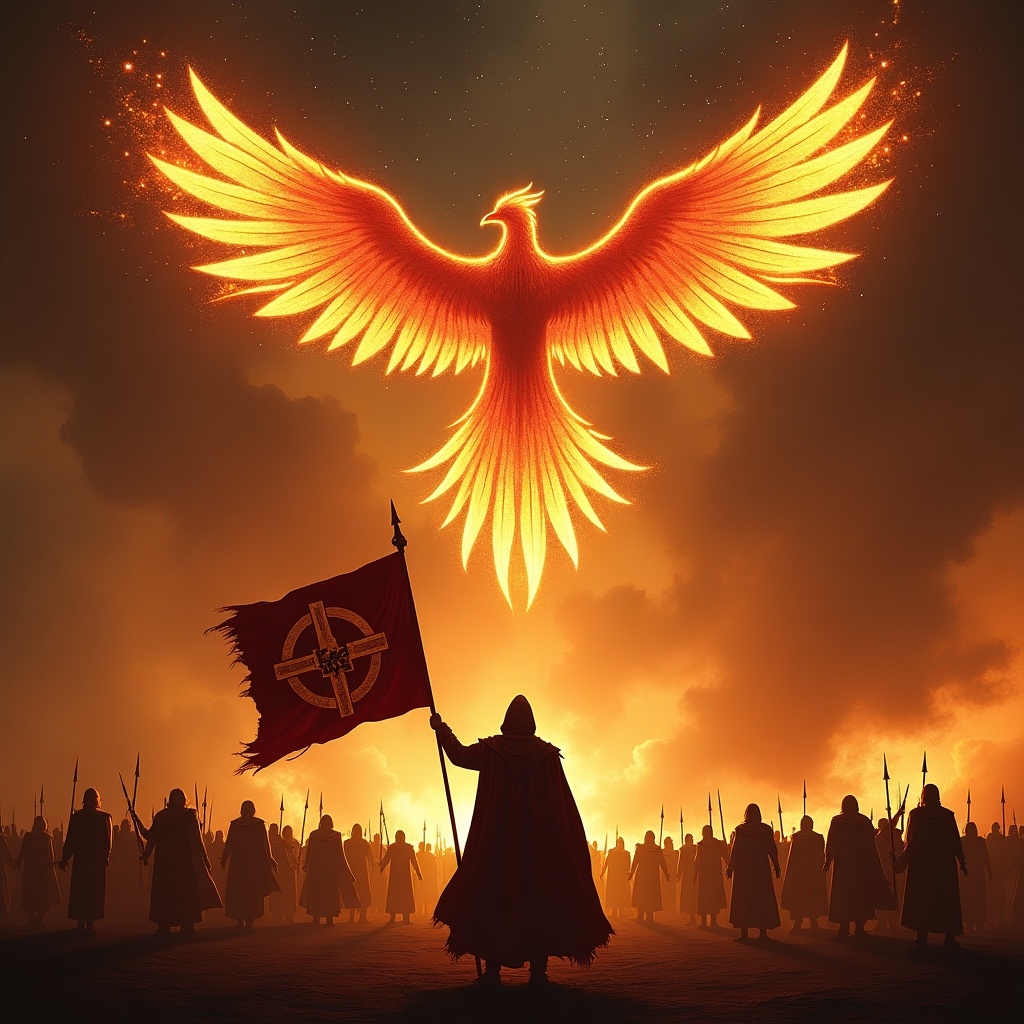 A cloaked figure holds a flag with a crusade emblem silhouetted against a fiery backdrop. A massive phoenix takes flight above, wings spread wide. A multitude of warriors stands in shadows, witnessing the powerful symbol of rebirth.