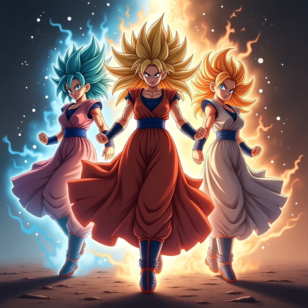 Dynamic dance scene featuring female characters from Dragon Ball. Bright vivid colors create an epic atmosphere. Characters exhibit powerful poses and expressions. Background is filled with a burst of dramatic hues.