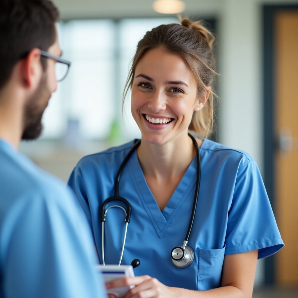 Nurse wearing scrubs and a stethoscope engaging with a patient in a healthcare setting. The nurse is focused and attentive. The setting is bright with natural light. There is a soft-focus background of a healthcare environment.