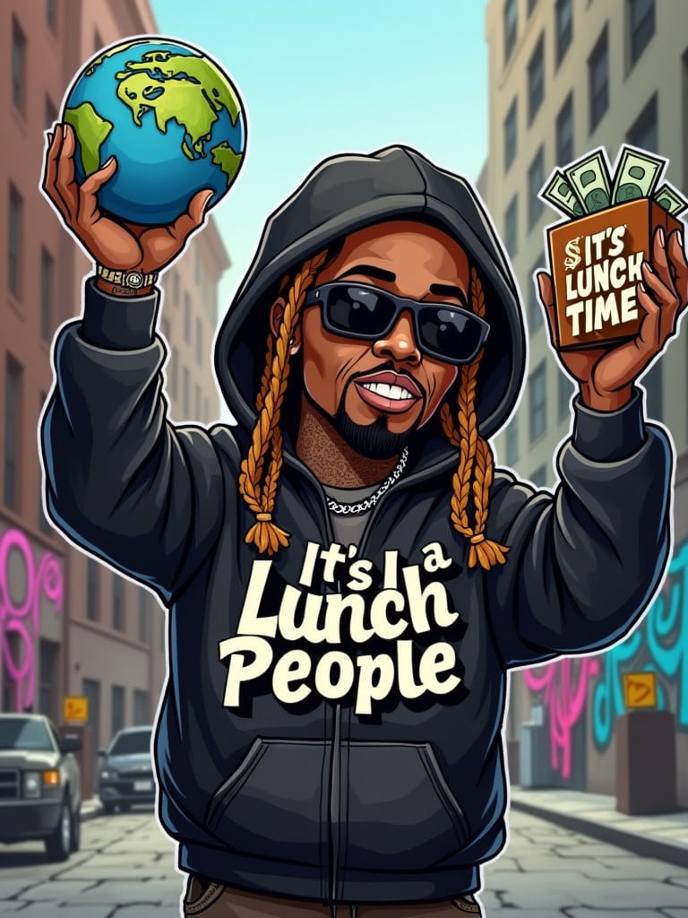 Cartoon representation of a male character with braids wearing a black hoodie showing message about feeding people. Character holds a globe in one hand and a lunch box in the other. Urban background with graffiti and vibrant cityscape. The overall theme focuses on community and support.