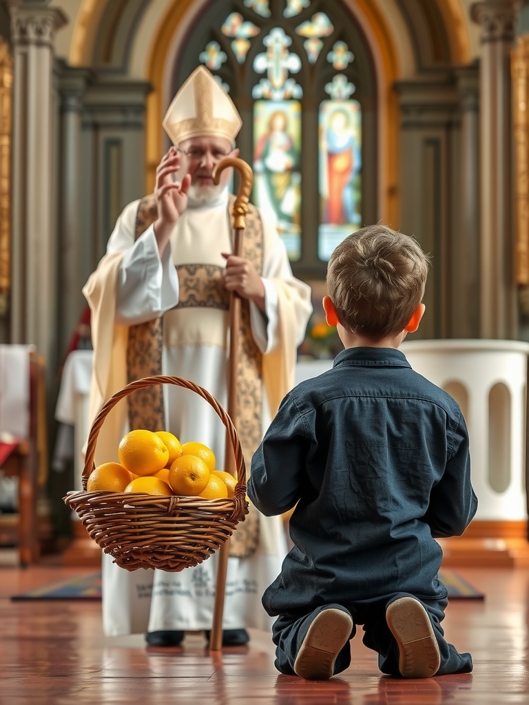 In a grand church with ornate stained glass windows, a child kneels before a religious figure who is in ceremonial attire, performing a blessing. Between them is a basket filled with bright yellow lemons, adding a contrast to the traditional setting with a touch of whimsy. The intricate details of the church’s interior create a solemn atmosphere, while the lemons introduce an unexpected element.