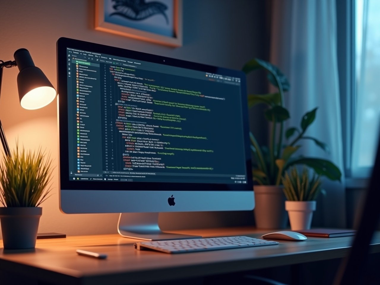 The image features a cozy home office setup designed specifically for a software tester. In the foreground is a clean, minimalistic desk with an iMac showcasing a dark-themed code snippet. There are subtle symbols representing API testing, such as small network and data flow icons, tastefully integrated into the scene. Elements suggesting testing tools like Postman and Cypress are included, blending seamlessly into the background. A futuristic touch is added with abstract circuit patterns or pixelated designs, creating a tech-savvy atmosphere. Additionally, a magnifying glass or error icon is subtly placed to symbolize bug detection. The overall color scheme is neutral and soft, making the workspace both professional and welcoming.