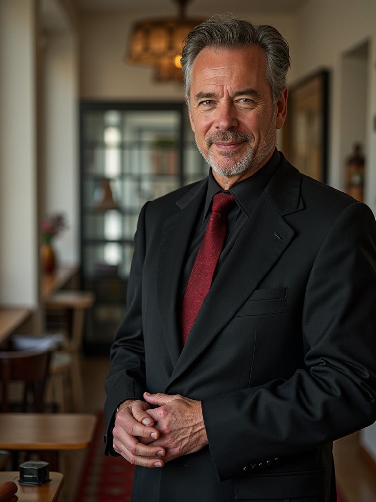 Man in black suit with burgundy tie. Soft lighting in a classy interior. Standing with hands clasped. Professional appearance.