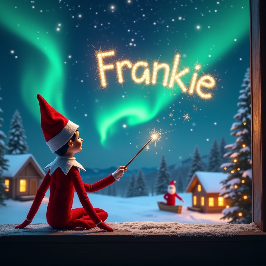 This image captures a magical Christmas scene featuring an elf on the shelf. He is sitting with his back to the viewer, gazing up at the night sky. In his hand, he holds a wand that creates sparkles spelling out the name 'Frankie' in the air. The backdrop showcases stunning Northern Lights illuminating the landscape. Cozy houses dot the snowy terrain, enhancing the enchanting atmosphere. This scene embodies the essence of holiday magic and brings a sense of wonder to the viewer.