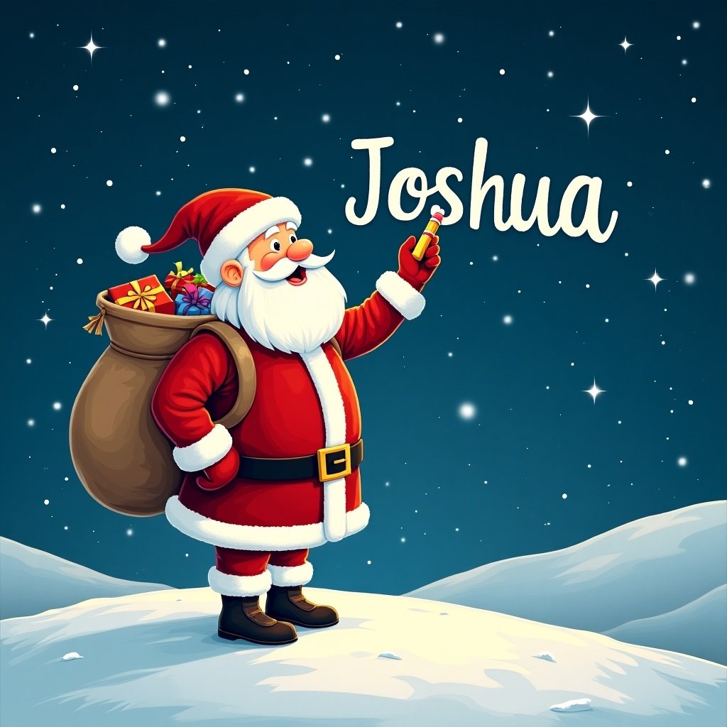 Santa Claus stands on a snowy hill under a starry night sky. He writes names in the sky with a pencil. He is dressed in red and white with a large sack of gifts on his back. The name 'Joshua' is displayed in a whimsical font.