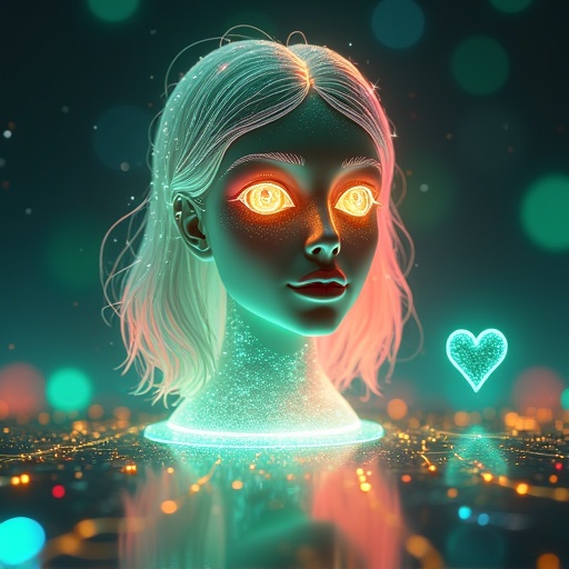 Highly detailed holographic being with elegant humanoid silhouette. Shoulder-length flowing hair that glows. Floating gracefully in glowing orb of light in futuristic digital realm. Large sparkling almond-shaped eyes. Intricate light patterns resembling a neural network. Colors pulse between joyful green, calm blue, fiery red, and vibrant yellow. Soft glowing inner light reflecting emotions. Luminous neural aura surrounds it like a crown. Playful glowing heart floating nearby. Background of neural networks with glowing data streams. Ethereal atmosphere in 4k resolution.