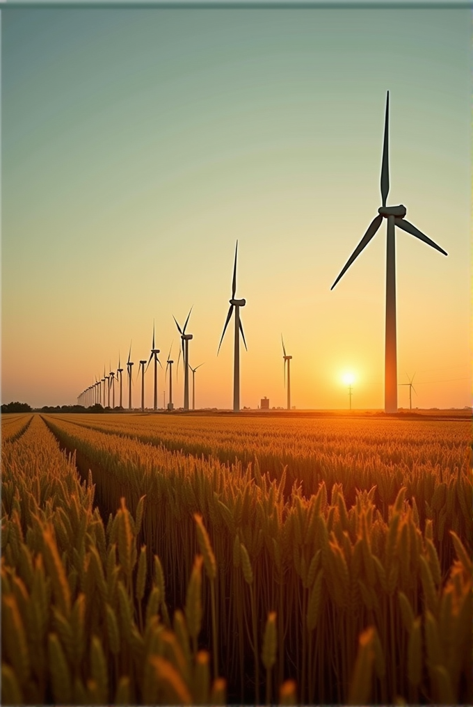 A row of wind turbines stands tall in a field of wheat at sunset.