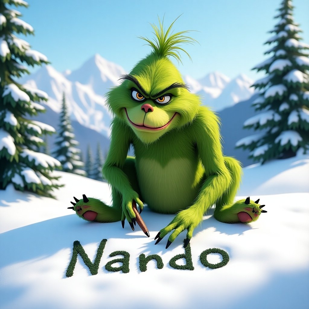 Animation of a green character writing Nando in the snow with pine trees and mountains in the background