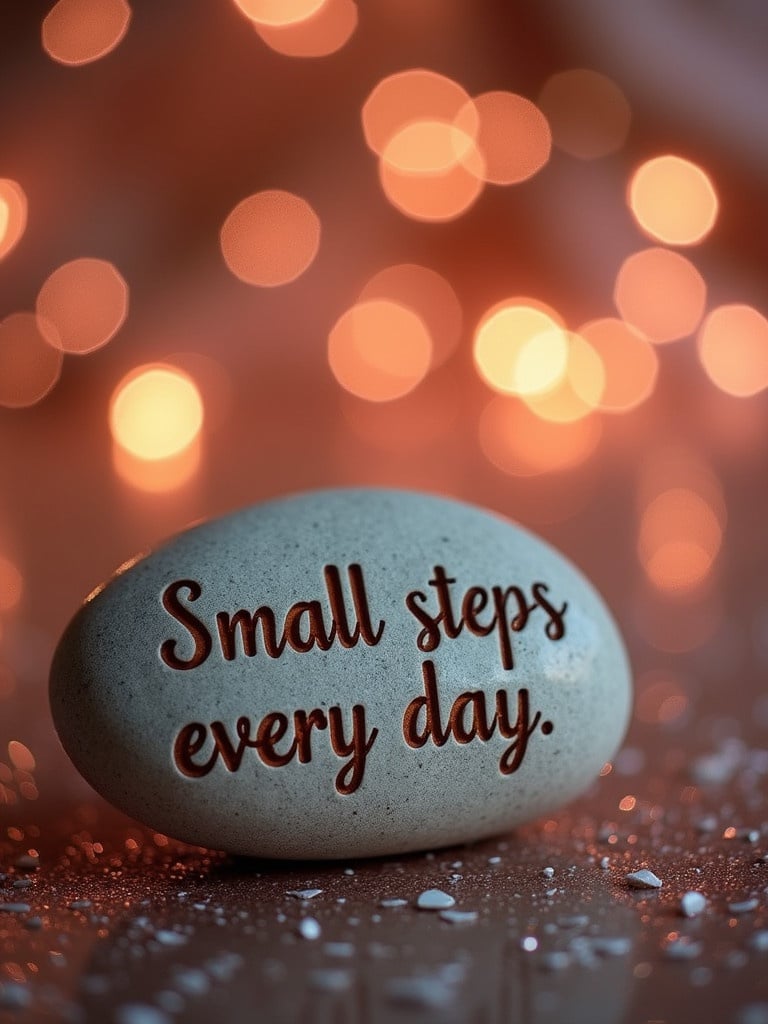 Smooth stone in the foreground. Words 'Small steps every day.' beautifully carved. Glittery background enhances ambiance. Soft bokeh lights twinkle. Romantic feel captured in the scene.