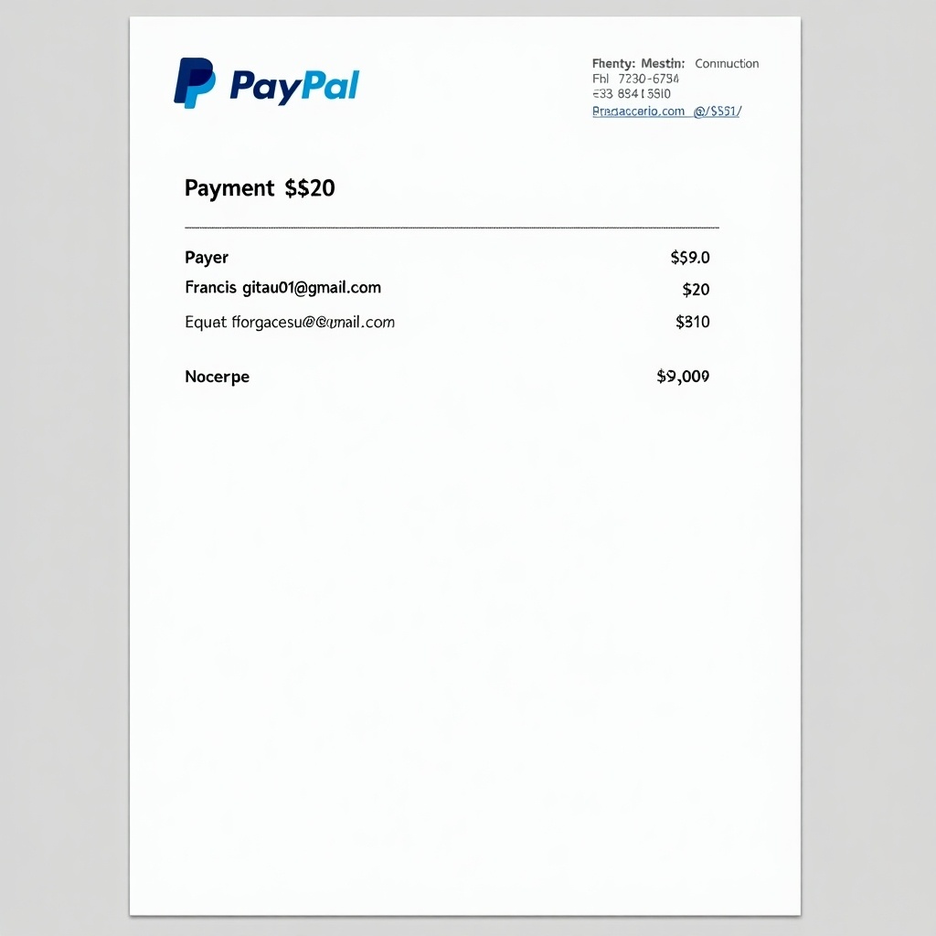 Document features the PayPal logo. It includes payer details, transaction amount, and transaction number. The design is clean and suitable for online payments. The payment receipt shows a $20 transaction to francisgitau001@gmail.com.