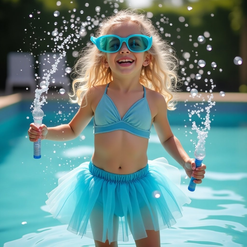 Child wearing a cheerful costume enjoying water play. Vibrant pool background with splashes of water. Emphasis on fun and happiness in a summer setting.