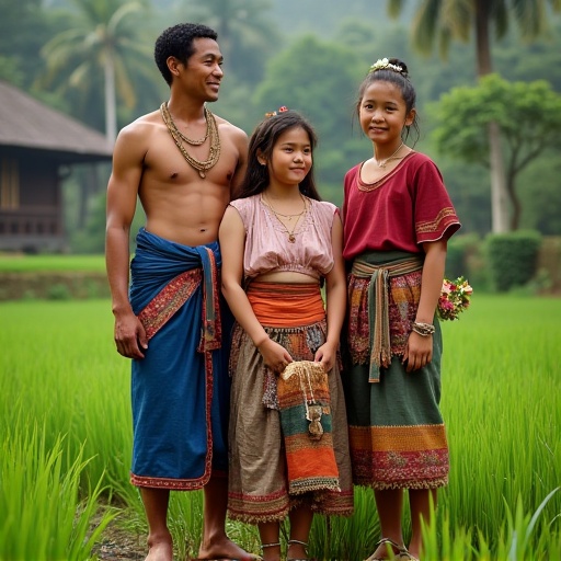 In a Bali village, a family of four stands together. The father wears a vibrant blue udeng and a maroon baju. The mother is dressed in a red and gold kemben with a kabaya. Their daughter wears a pink kebaya and floral sarong. The son is in a striped saput poleng with a brown baju. They embody Balinese culture and tradition surrounded by lush rice paddies.