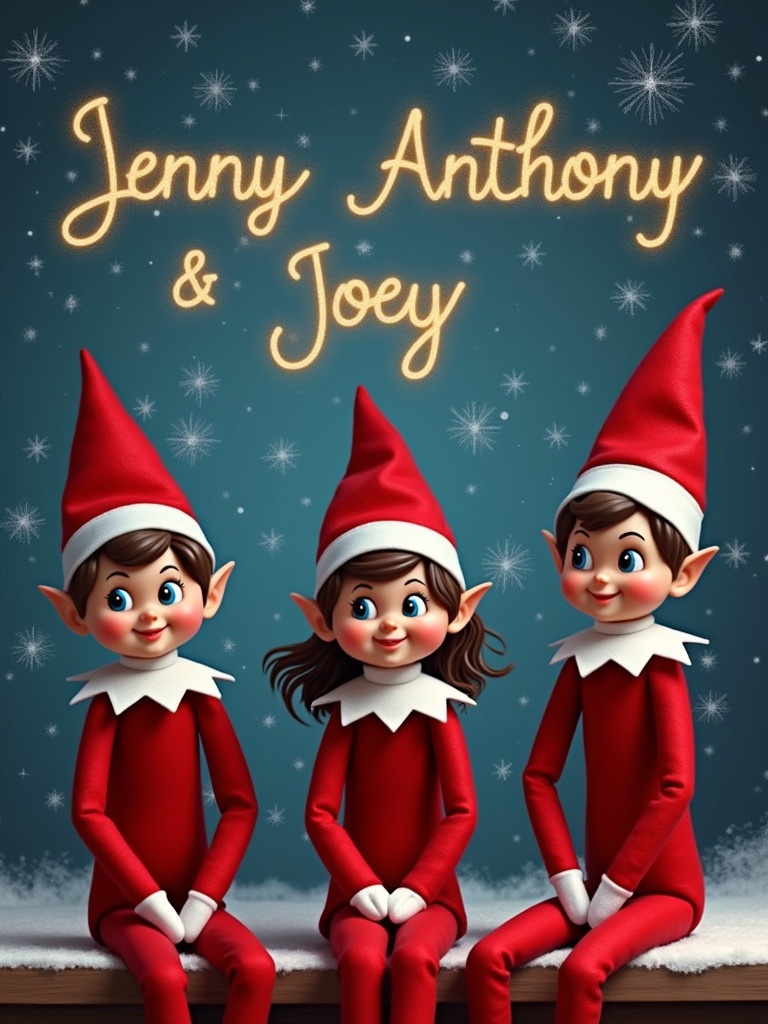 Create a picture of three elves sitting with red outfits. Their names are Jenny, Anthony, and Joey written in a sparkly style above. Background is a snowy blue with stars.