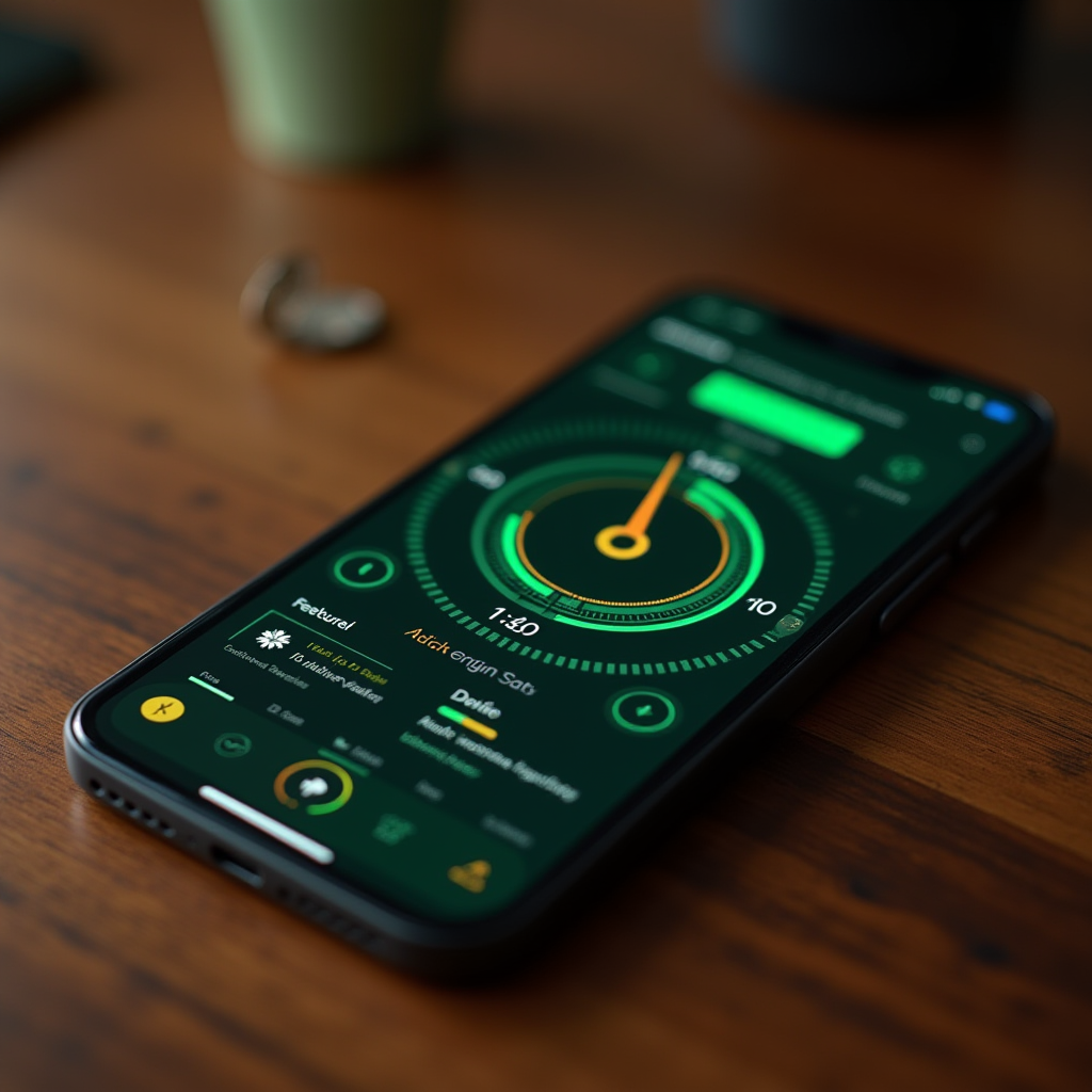 The image shows a smartphone placed on a wooden surface, displaying a detailed interface likely related to monitoring or control. The screen features a large central gauge dial, surrounded by concentric circles, indicating a numerical measurement. The interface is primarily dark with green and yellow accented elements, exuding a modern and tech-savvy aesthetic. Additional information is displayed below the gauge, with smaller icons and text, suggesting various functionalities or settings. The background is softly blurred, adding depth and focus to the device.