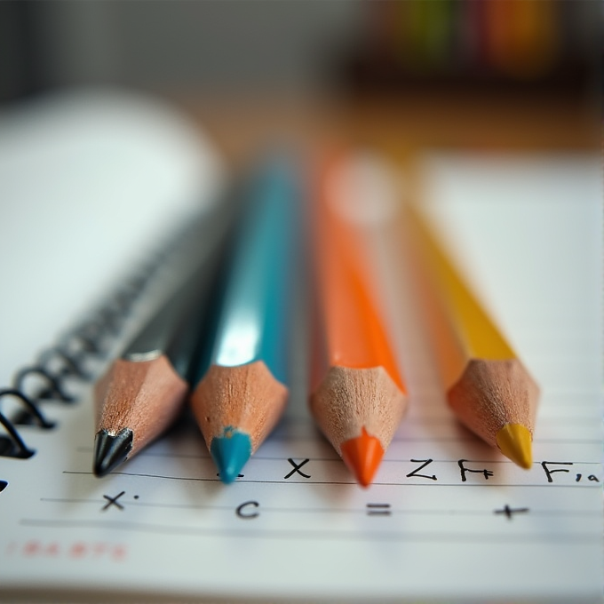 Four colored pencils are lined up on a page with mathematical equations.