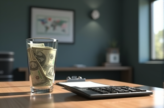 A glass filled with dollar bills sits next to a clipboard and calculator on a wooden desk.