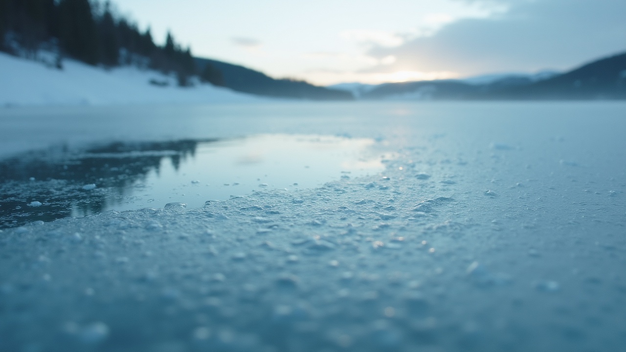 This image showcases a cinematic shot of a close-up view of a thin ice surface on a river. The ice reflects a beautiful array of colors from the surrounding environment. Natural light bathes the scene, creating soft lighting that enhances the rich details of the ice formations. The composition captures the tranquil essence of winter, with distant mountains and a soft sky in the background. This picturesque moment evokes feelings of calmness and appreciation for nature's beauty.