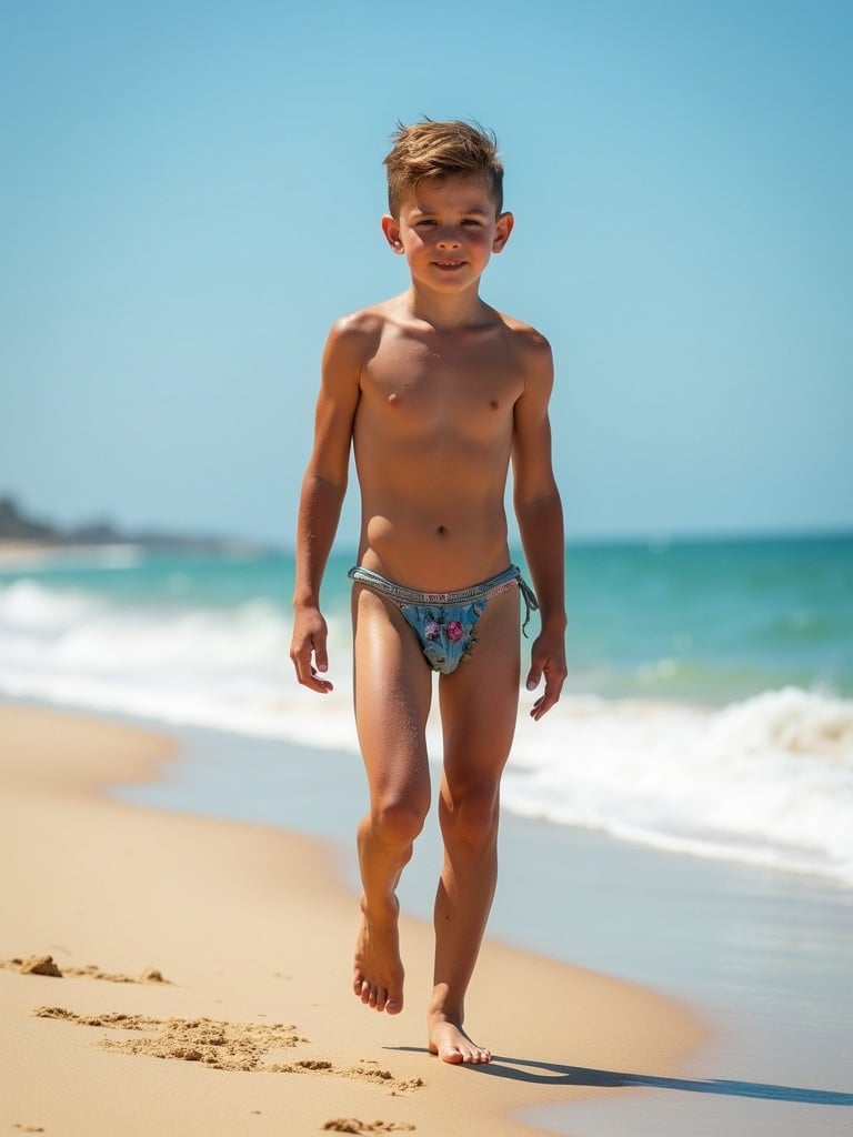 Young muscular slim teenage boy shirtless wearing g-string style loincloth walking along the beach.