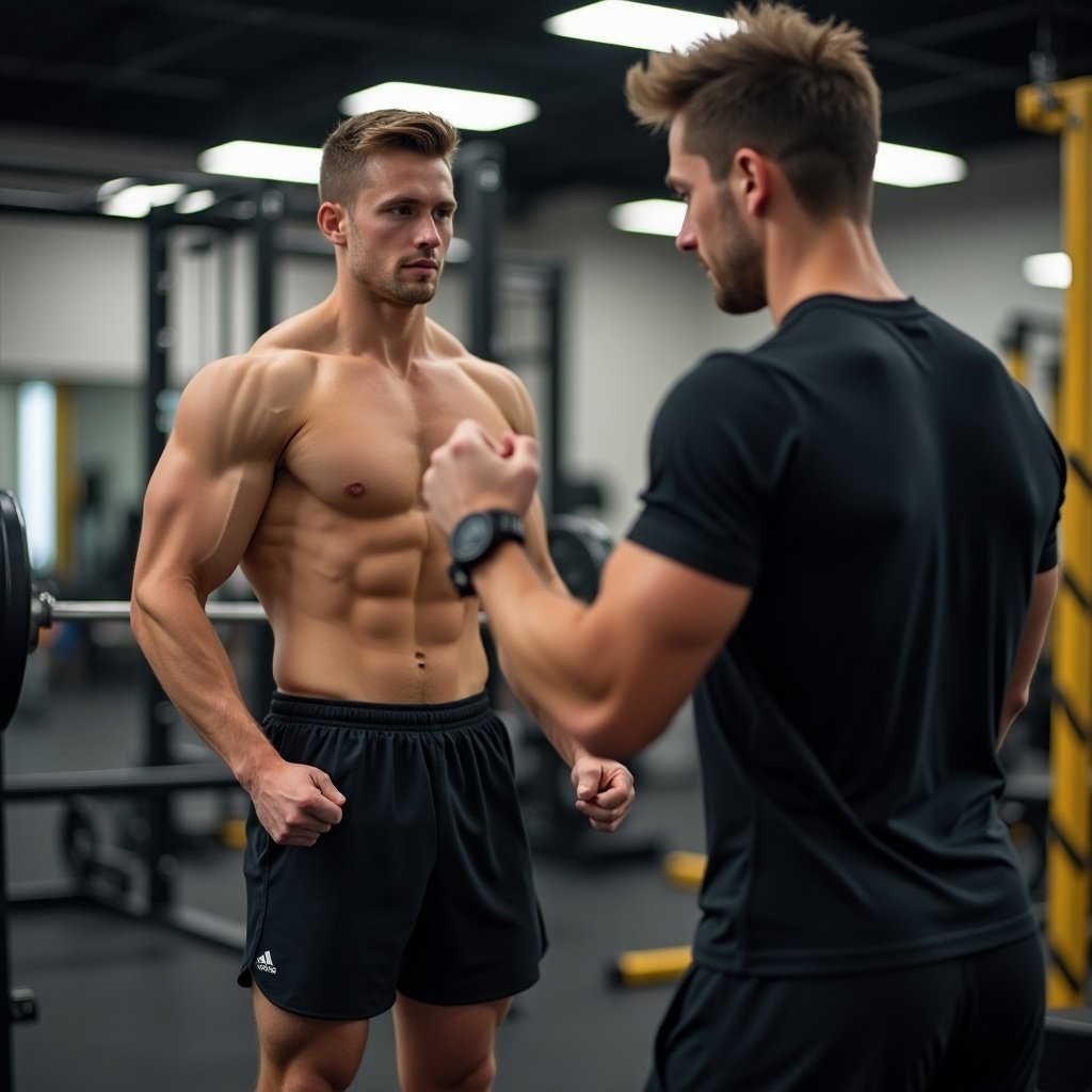 A teen engages in intense quadriceps training with the guidance of a personal trainer in a gym setting. The scene reflects a high level of physical exertion.