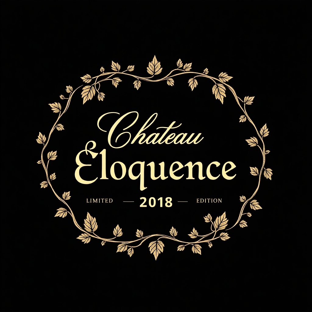 Label design for luxury wine bottle. Elegant and sophisticated style. Gold foil accents on black background. Stylized grapevines and vintage font for exclusivity. Prominent name 'Château Éloquence'. Include year '2018' and phrase 'Limited Edition'. Reflects opulence suitable for premium wine packaging.